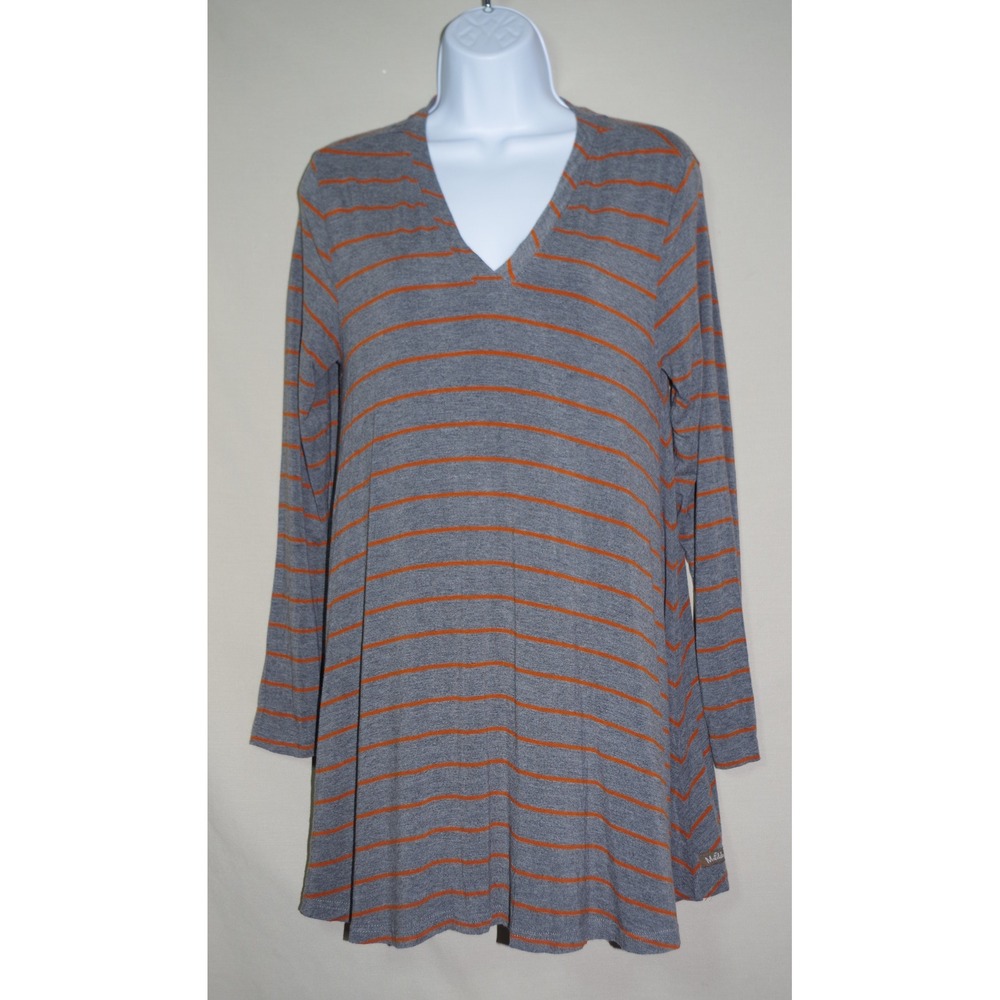 Matilda Jane Woman's M Grey Orange Striped V-Neck Swing Tunic Top Long Sleeve